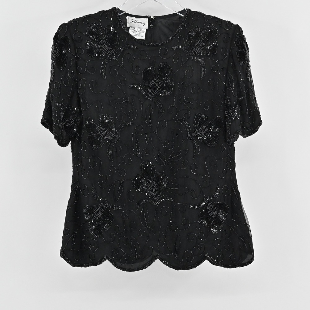Vtg Stenay Silk Beaded Top Size S Black Sequin Whimsigoth Retro Glam Luxe Blouse